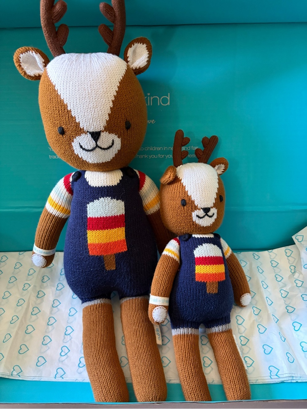 Brown & White Deer Knit Plush Toy with Colorful Popsicle Sweater